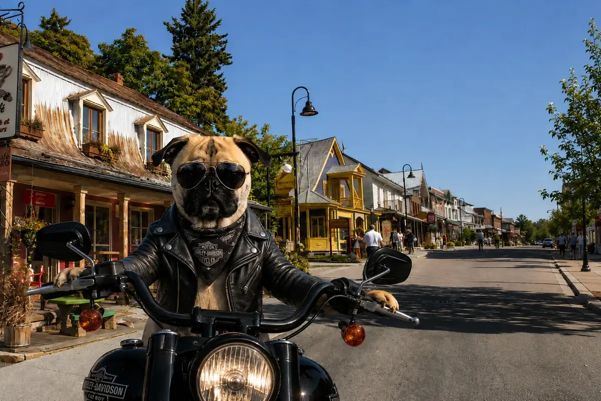 Rue Saint-Jean-Baptiste à Baie-Saint-Paul en road trip moto au Québec