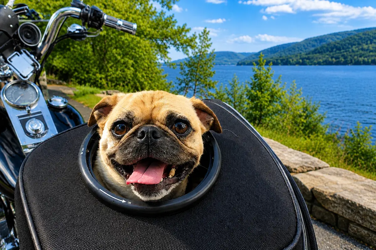 Harley secured in his motorcycle carrier near the fjord