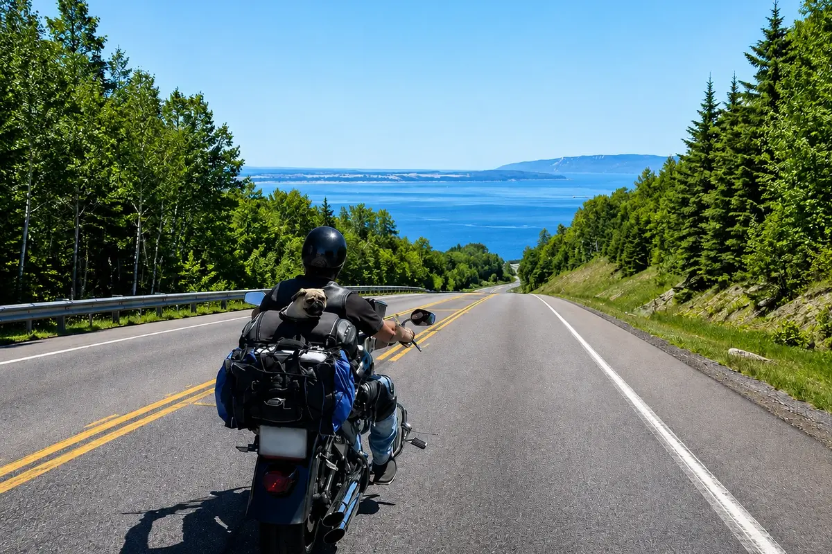 Route du Fleuve en moto dans Charlevoix avec Harley sur la moto