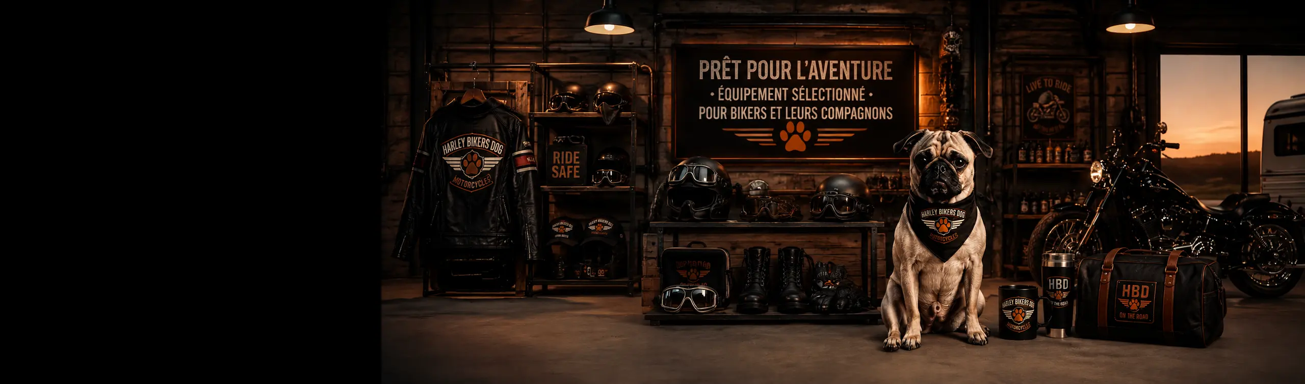 Harley Bikers Dog au bord de l’eau lors d’un voyage moto et VR