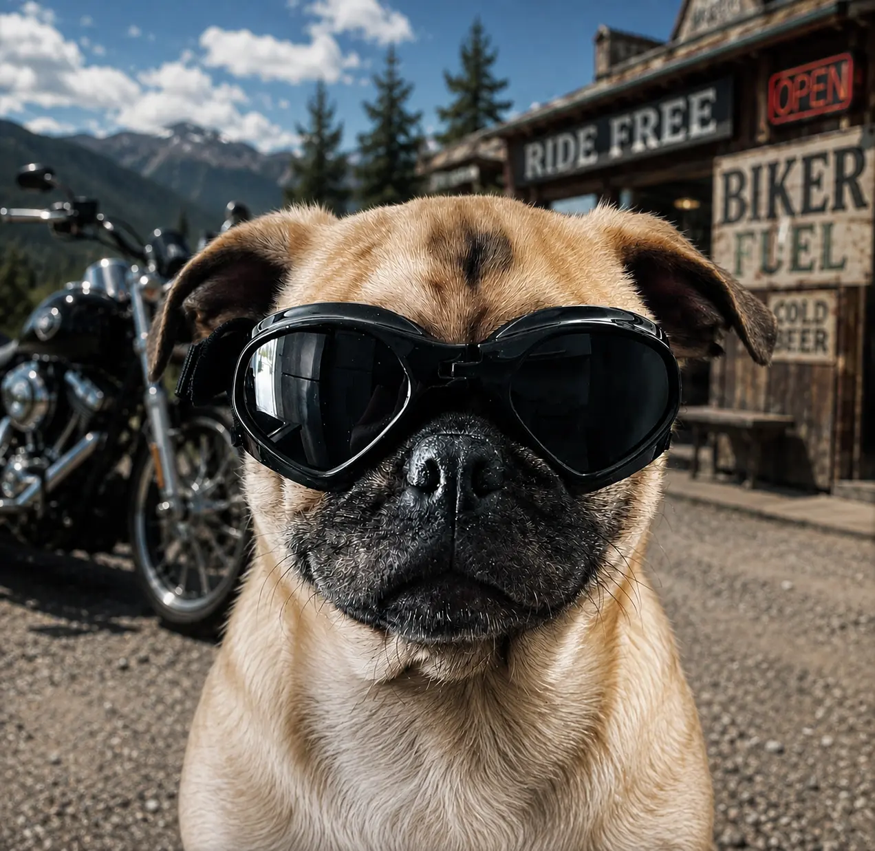 Harley Bikers Dog, chien voyageur à moto avec lunettes de biker devant une moto et un relais routier