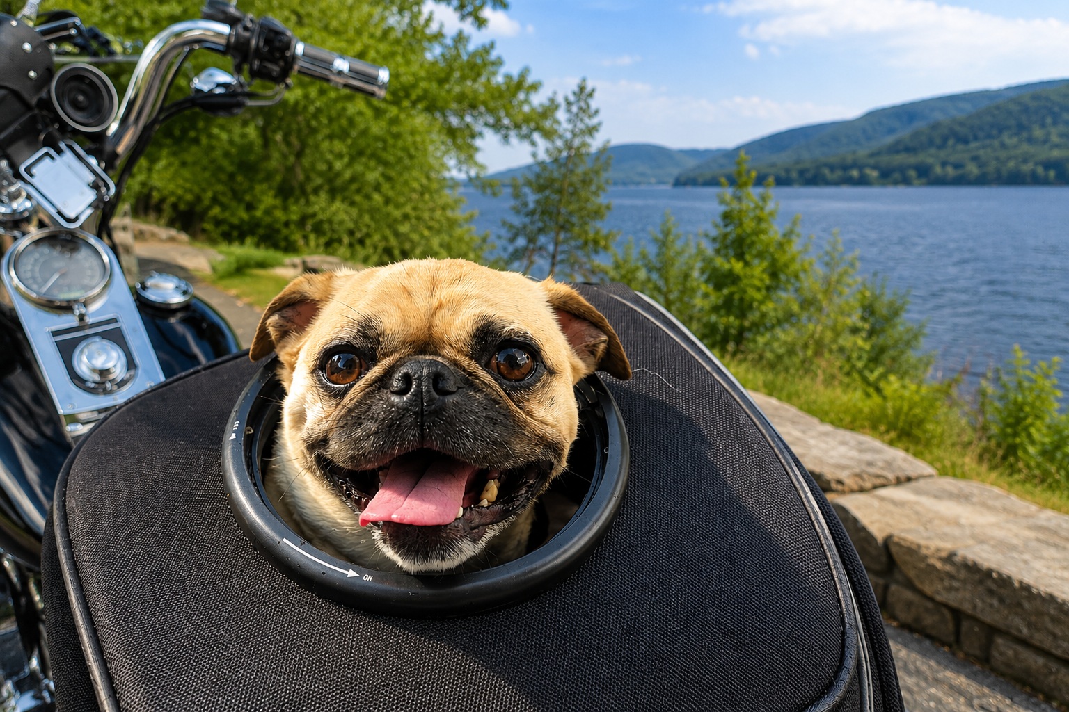 Harley, notre chien motard, avec la Harley-Davidson