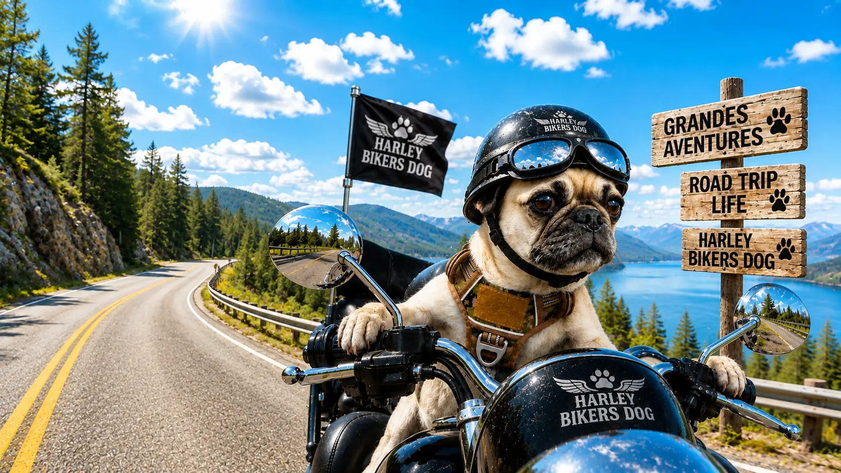 Harley Bikers Dog sur une moto devant une route panoramique, un lac et des montagnes, avec des panneaux Grandes aventures et Road Trip Life