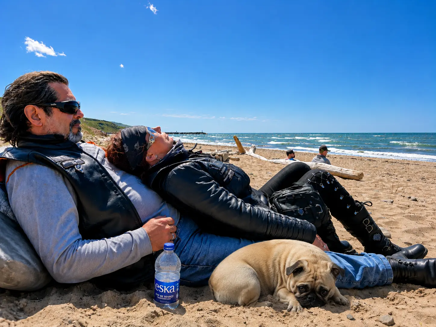 Harley Bikers Dog en pause sur une plage pendant un voyage à moto