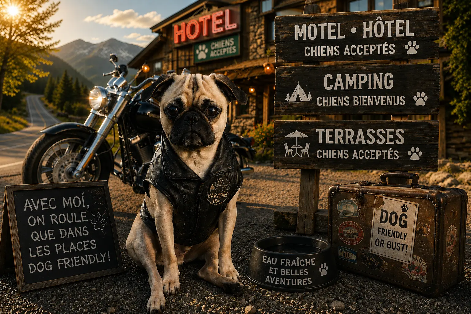 Harley devant un hébergement, un camping et une terrasse qui acceptent les chiens