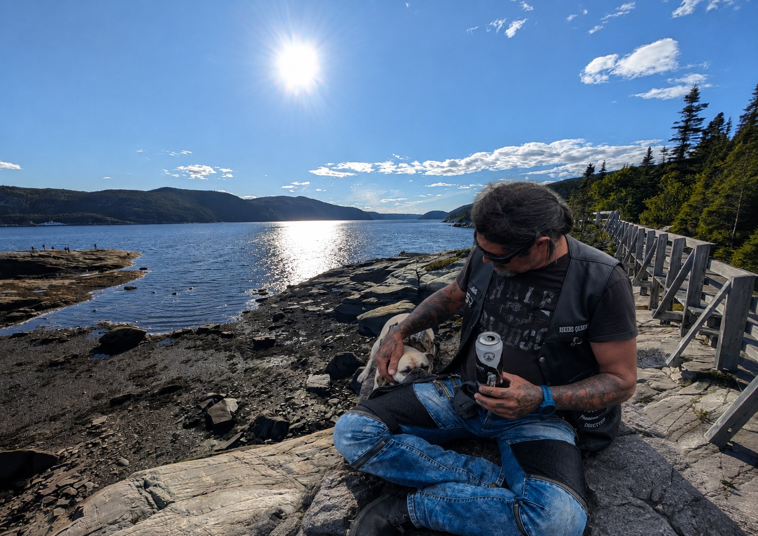 Harley Bikers Dog au bord du fjord pendant le road trip La Malbaie → Sainte-Rose-du-Nord